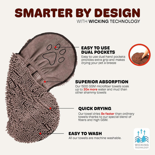 the Dirty Dog Shammy - Antimicrobial Microfiber Dog Towel for Odor Control, Fast-Drying Plush, Dual Hand Pockets & Elastic, Super Absorbent, Machine Washable, 31 X 13 In, Grey