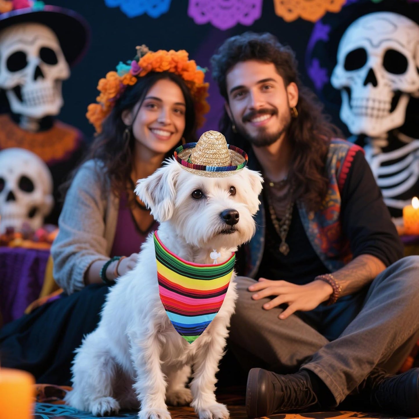 Mexican Day of the Dead Dog Bandana Outfit Scarf with Cute Doggy Sombrero Hat, Halloween Costumes Decorations Supplies for Small Medium Large Dogs Boy Girl Gifts, Colorful