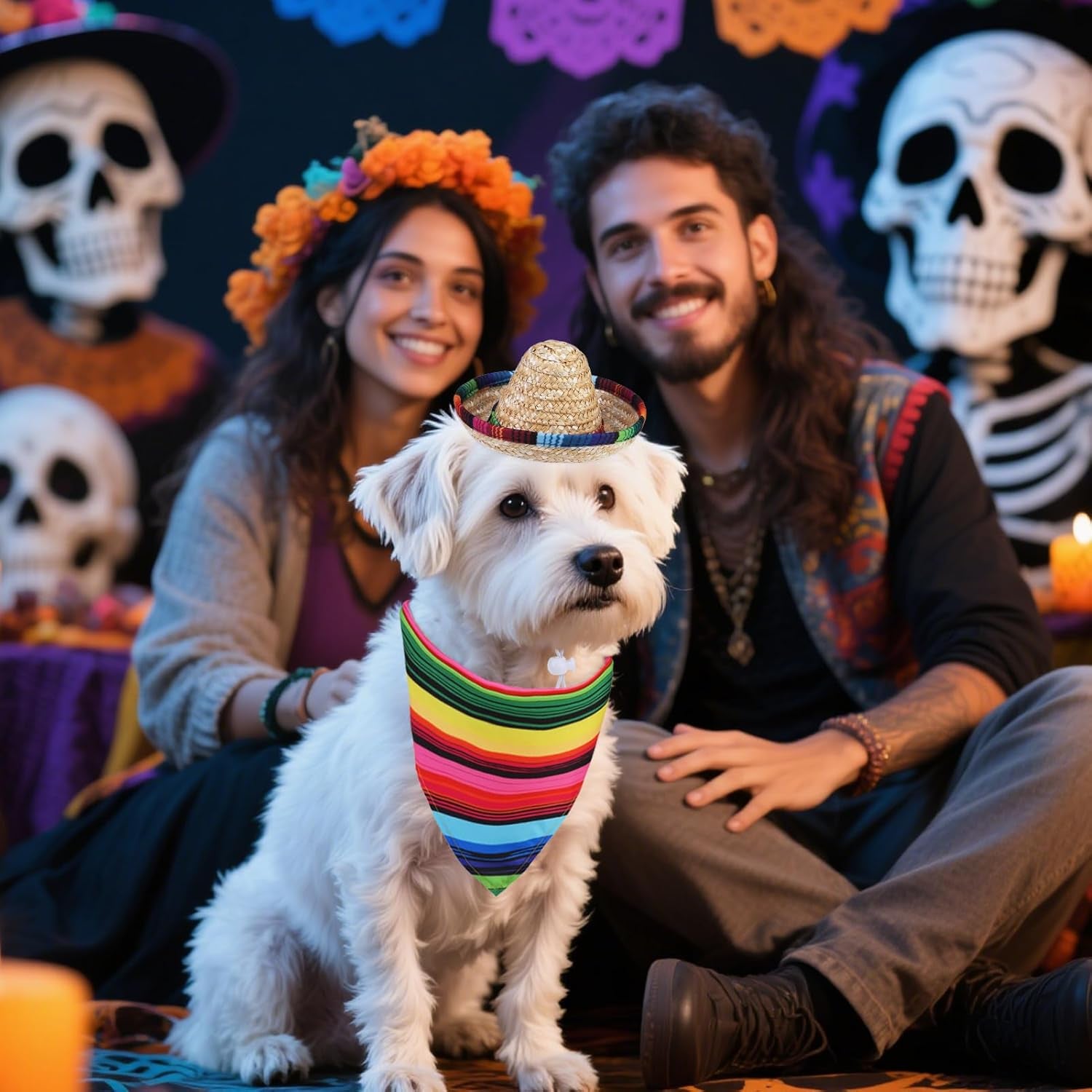 Mexican Day of the Dead Dog Bandana Outfit Scarf with Cute Doggy Sombrero Hat, Halloween Costumes Decorations Supplies for Small Medium Large Dogs Boy Girl Gifts, Colorful