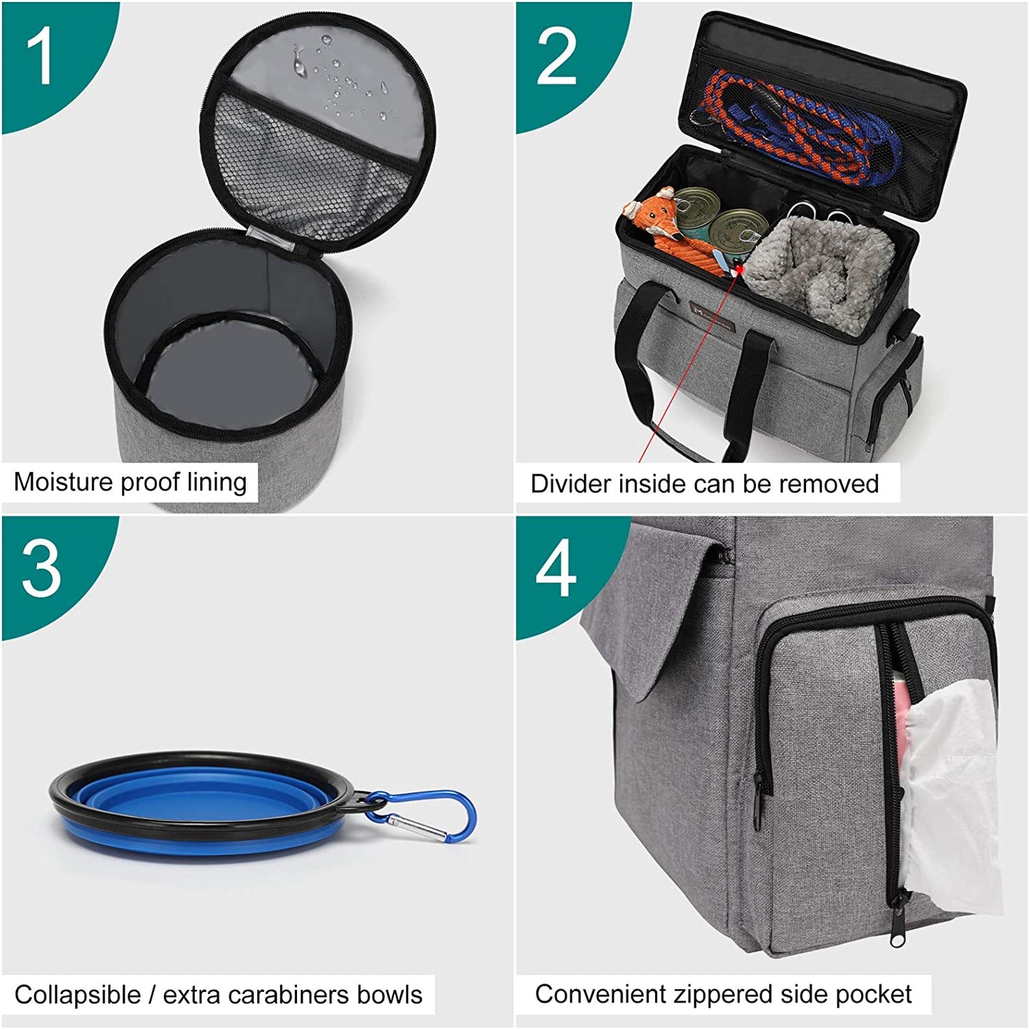 Dog Travel Bag with 2 Food Bags, 2 Bowls and 1 Mat (Grey) | Roomy Main Compartment | Multiple Functional Pockets | Water-Resistant Oxford Fabric | PVC Backing | Leak-Resistant Lining
