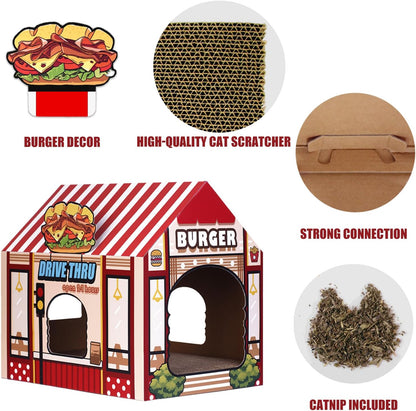 Cardboard Cat House with Scratcher/Catnip, (16.5''X12''X15'') Burger Shop for Indoor/Outdoor Cats, Cat Play House&Home Decor, Cat Scratch Toy, Hideout for Bunny&Small Animals
