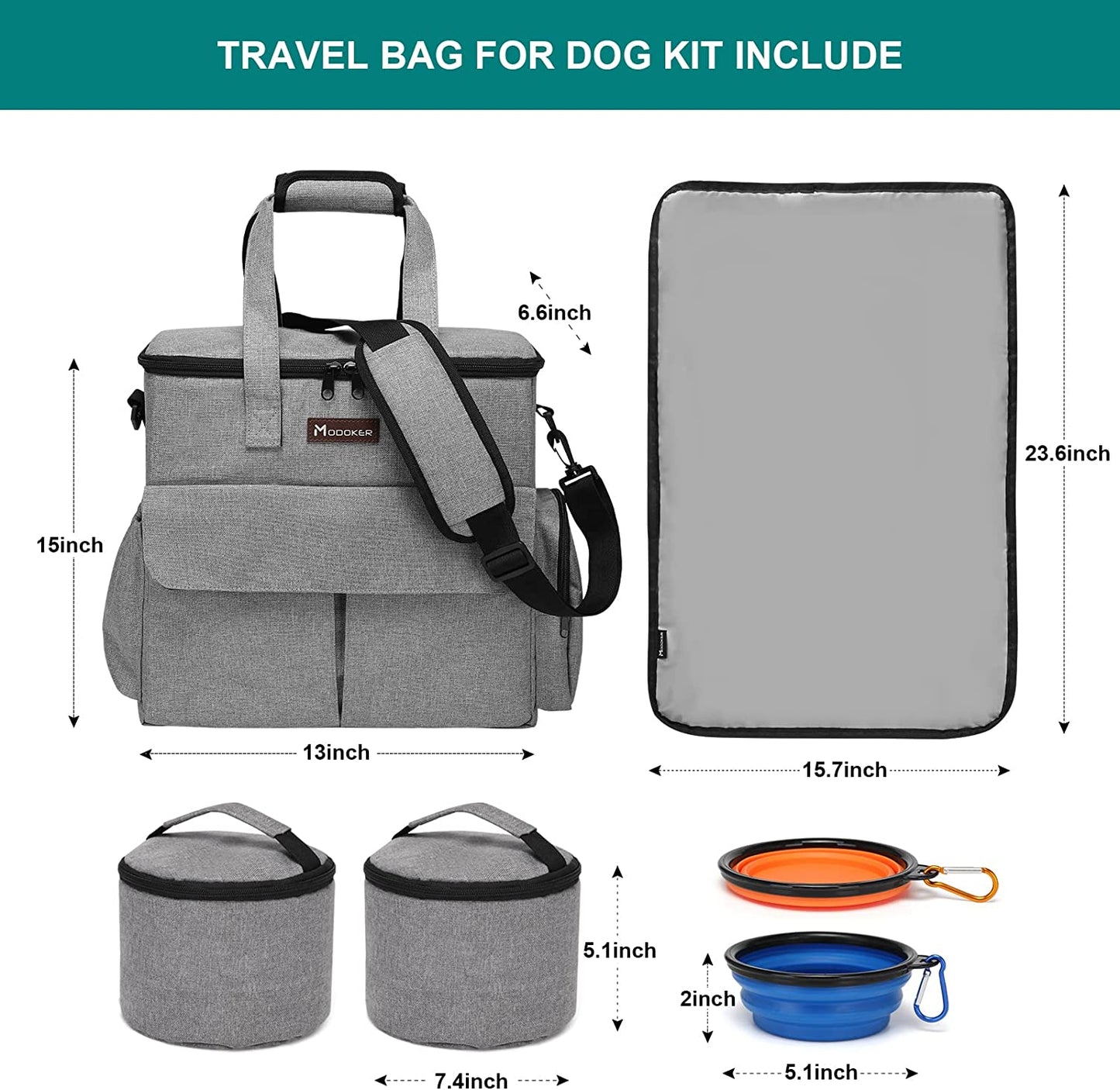 Dog Travel Bag with 2 Food Bags, 2 Bowls and 1 Mat (Grey) | Roomy Main Compartment | Multiple Functional Pockets | Water-Resistant Oxford Fabric | PVC Backing | Leak-Resistant Lining