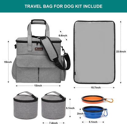 Dog Travel Bag with 2 Food Bags, 2 Bowls and 1 Mat (Grey) | Roomy Main Compartment | Multiple Functional Pockets | Water-Resistant Oxford Fabric | PVC Backing | Leak-Resistant Lining