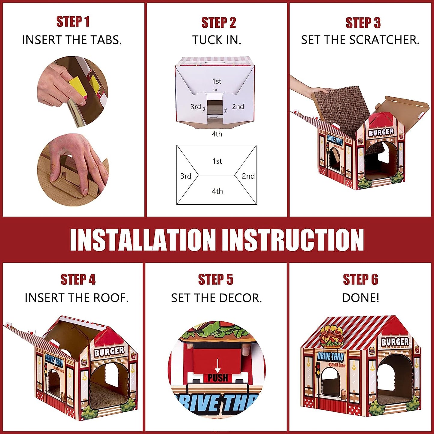 Cardboard Cat House with Scratcher/Catnip, (16.5''X12''X15'') Burger Shop for Indoor/Outdoor Cats, Cat Play House&Home Decor, Cat Scratch Toy, Hideout for Bunny&Small Animals