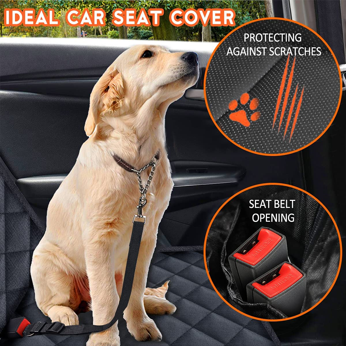 Dog Car Seat Cover | Waterproof Bench Seat Protector with Seatbelts | Non-Slip | Fits Most Cars, Trucks & SUVs | Black