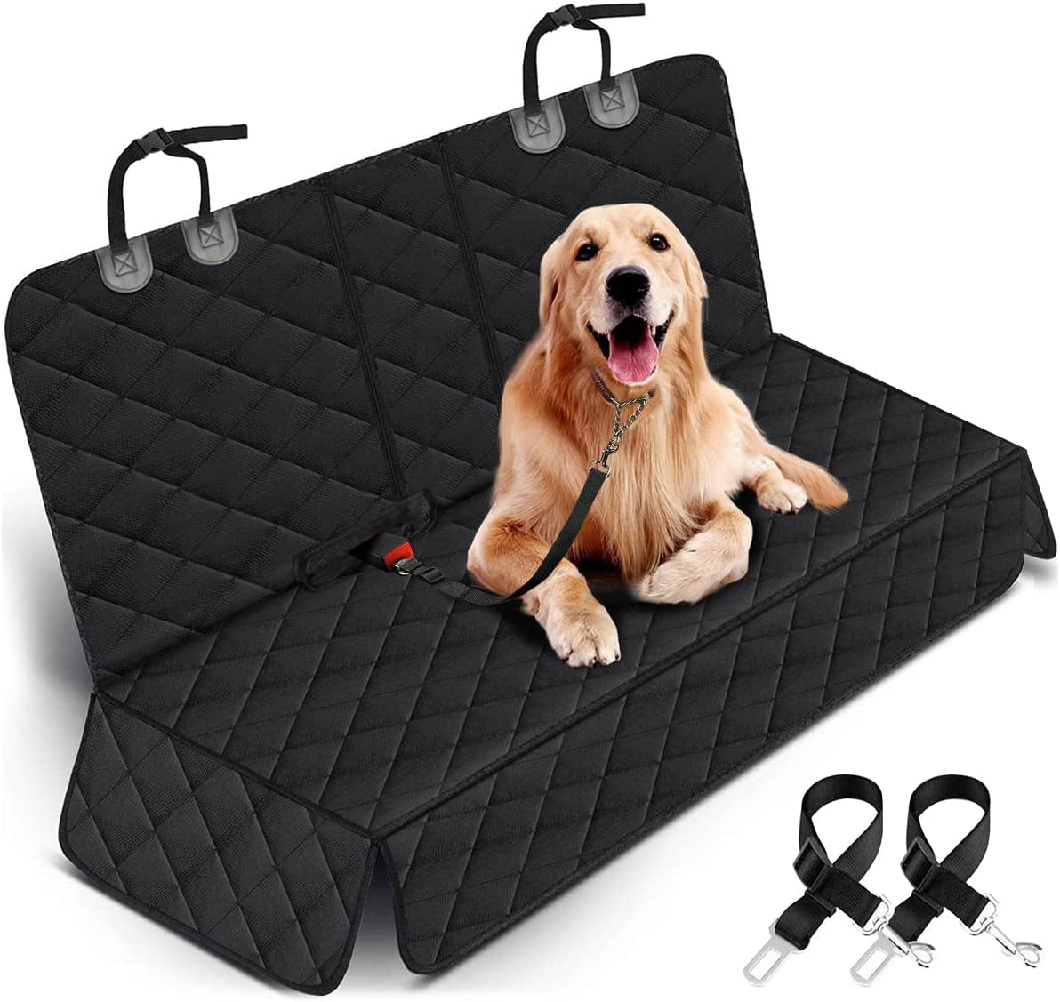 Dog Car Seat Cover | Waterproof Bench Seat Protector with Seatbelts | Non-Slip | Fits Most Cars, Trucks & SUVs | Black