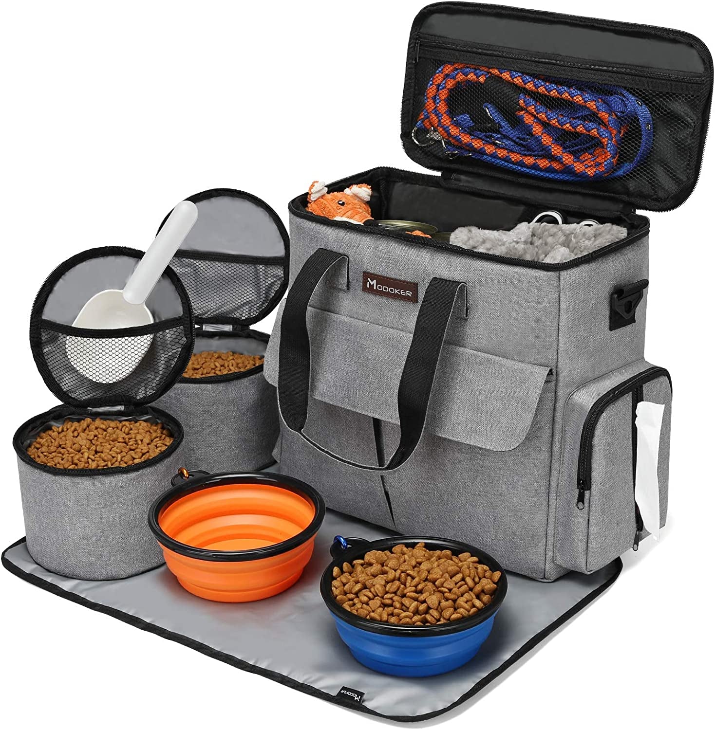 Dog Travel Bag with 2 Food Bags, 2 Bowls and 1 Mat (Grey) | Roomy Main Compartment | Multiple Functional Pockets | Water-Resistant Oxford Fabric | PVC Backing | Leak-Resistant Lining