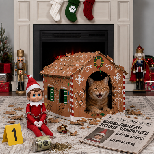 Christmas Gingerbread Cardboard Cat House with Scratcher & Catnip