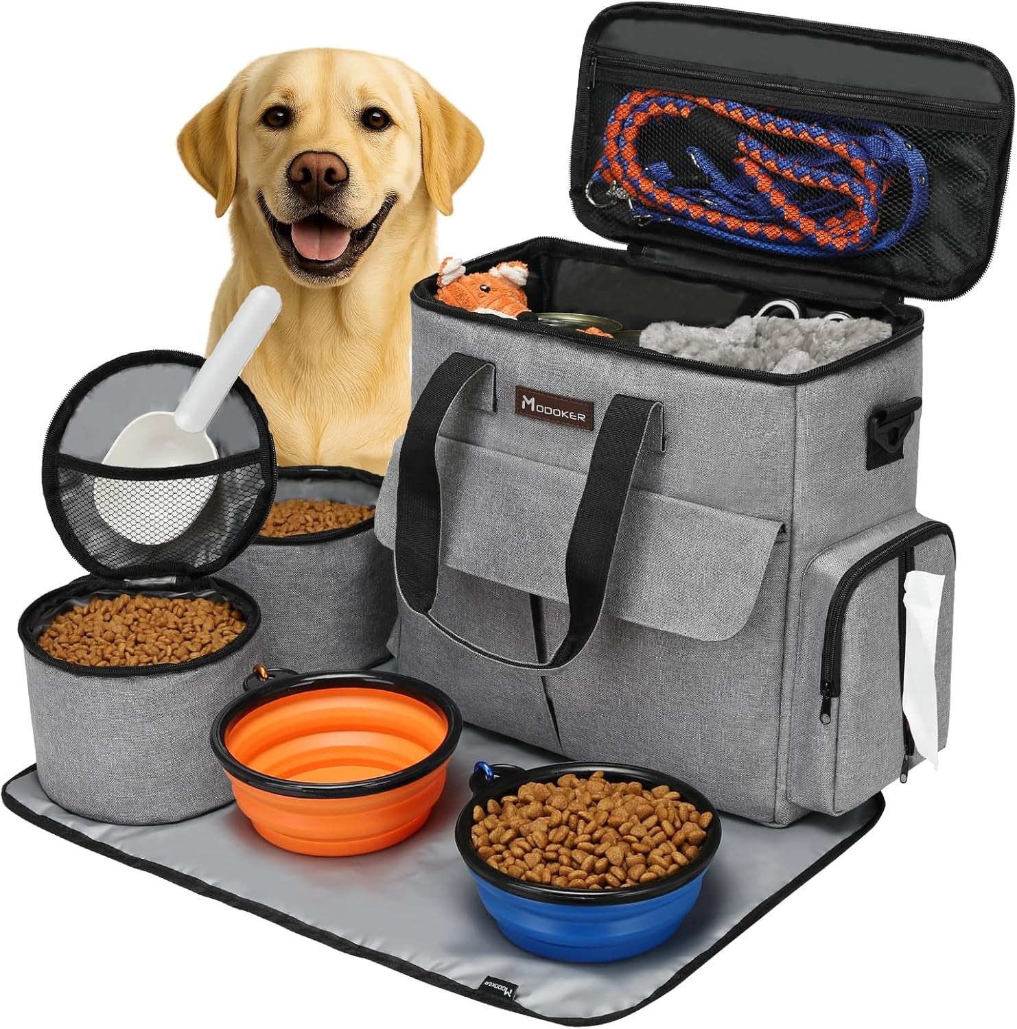 Dog Travel Bag with 2 Food Bags, 2 Bowls and 1 Mat (Grey) | Roomy Main Compartment | Multiple Functional Pockets | Water-Resistant Oxford Fabric | PVC Backing | Leak-Resistant Lining
