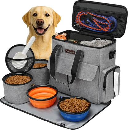 Dog Travel Bag with 2 Food Bags, 2 Bowls and 1 Mat (Grey) | Roomy Main Compartment | Multiple Functional Pockets | Water-Resistant Oxford Fabric | PVC Backing | Leak-Resistant Lining
