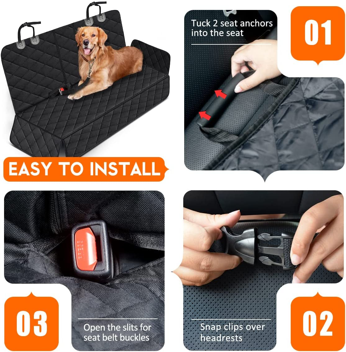 Dog Car Seat Cover | Waterproof Bench Seat Protector with Seatbelts | Non-Slip | Fits Most Cars, Trucks & SUVs | Black