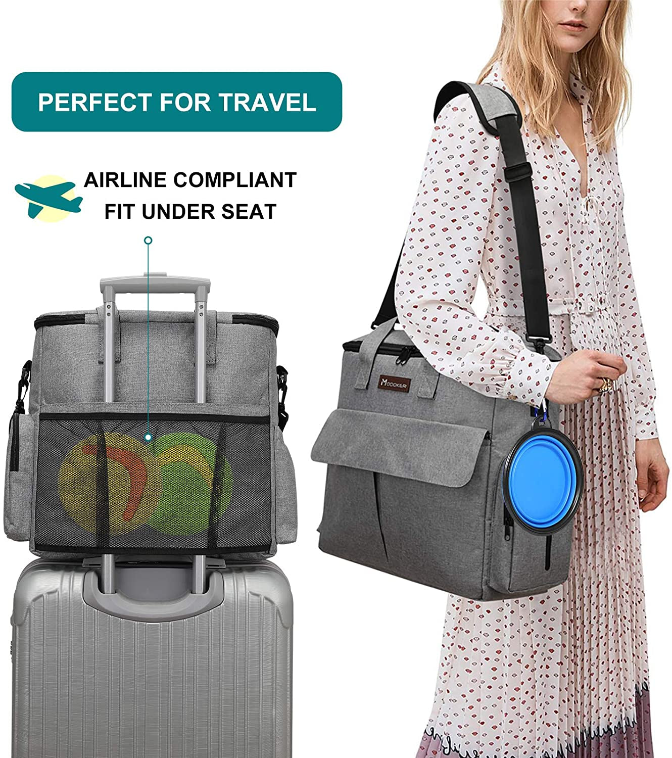 Dog Travel Bag with 2 Food Bags, 2 Bowls and 1 Mat (Grey) | Roomy Main Compartment | Multiple Functional Pockets | Water-Resistant Oxford Fabric | PVC Backing | Leak-Resistant Lining